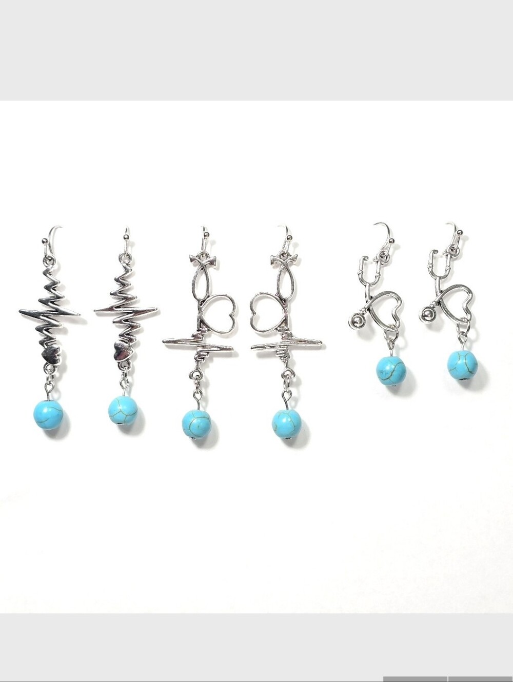 Silver Heartbeat Drop Earrings with Turquoise Bead. Nurse gift Idea